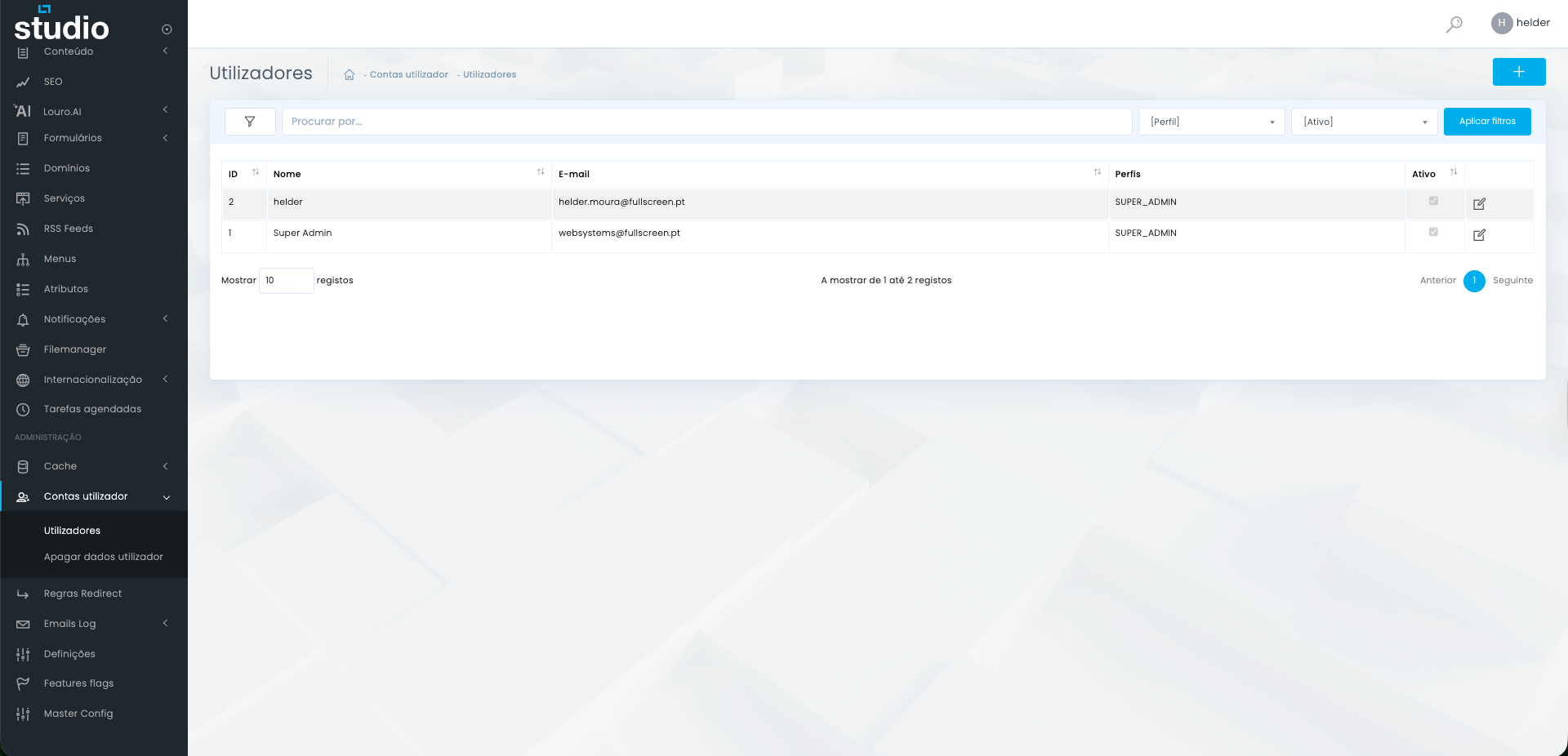 Visão geral da área de contas de utilizador no Studio CMS